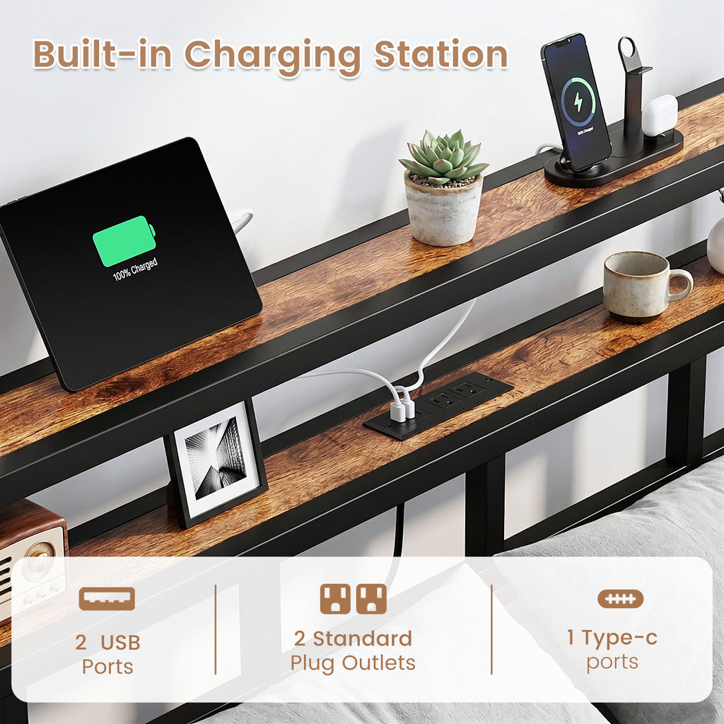 Bexfil Full Bed Frame with Storage Headboard and LED Light, Metal Platform Bed Station with Charging Station & LED, Noise-Free, No Box Spring Needed