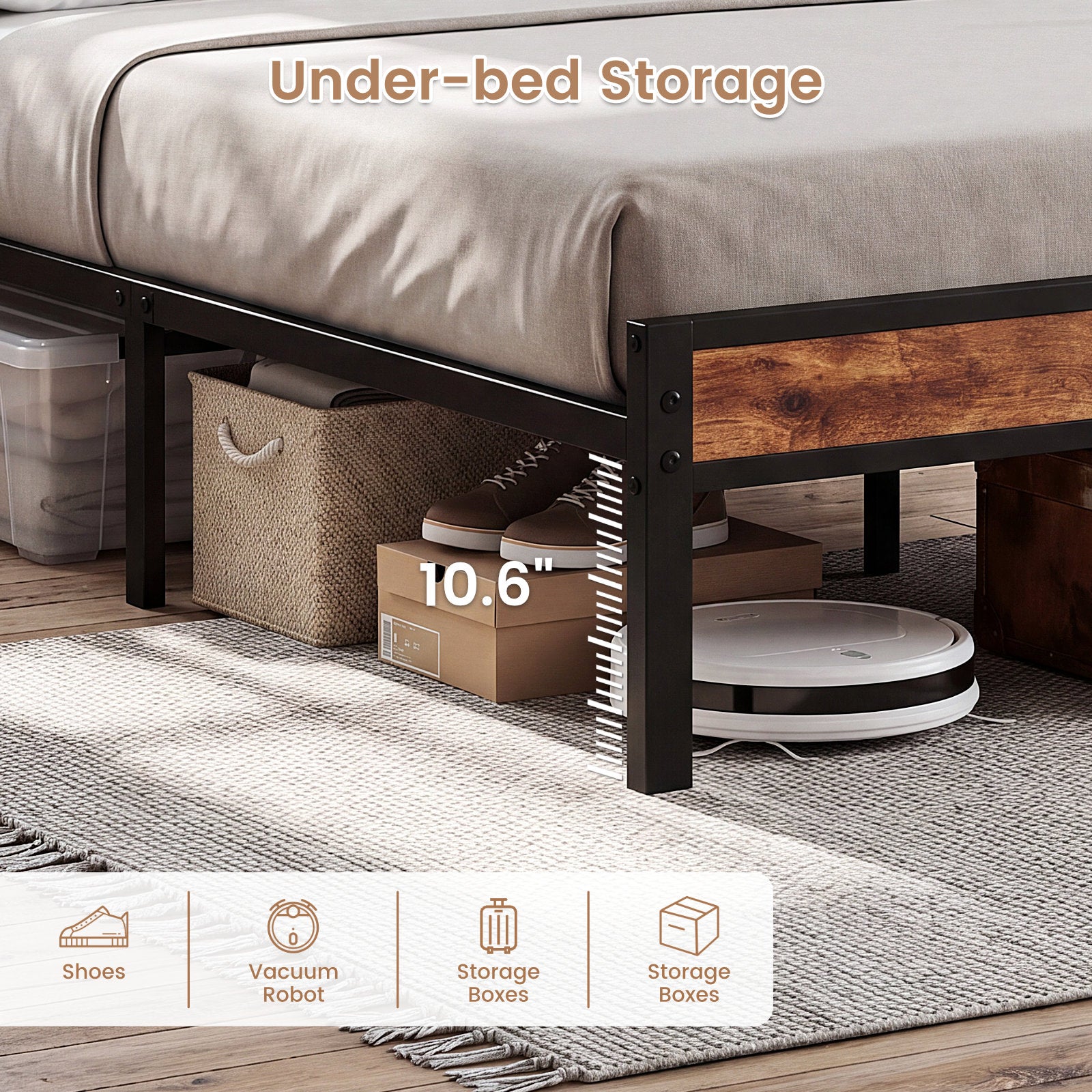 Bexfil Full Bed Frame with Storage Headboard and LED Light, Metal Platform Bed Station with Charging Station & LED, Noise-Free, No Box Spring Needed