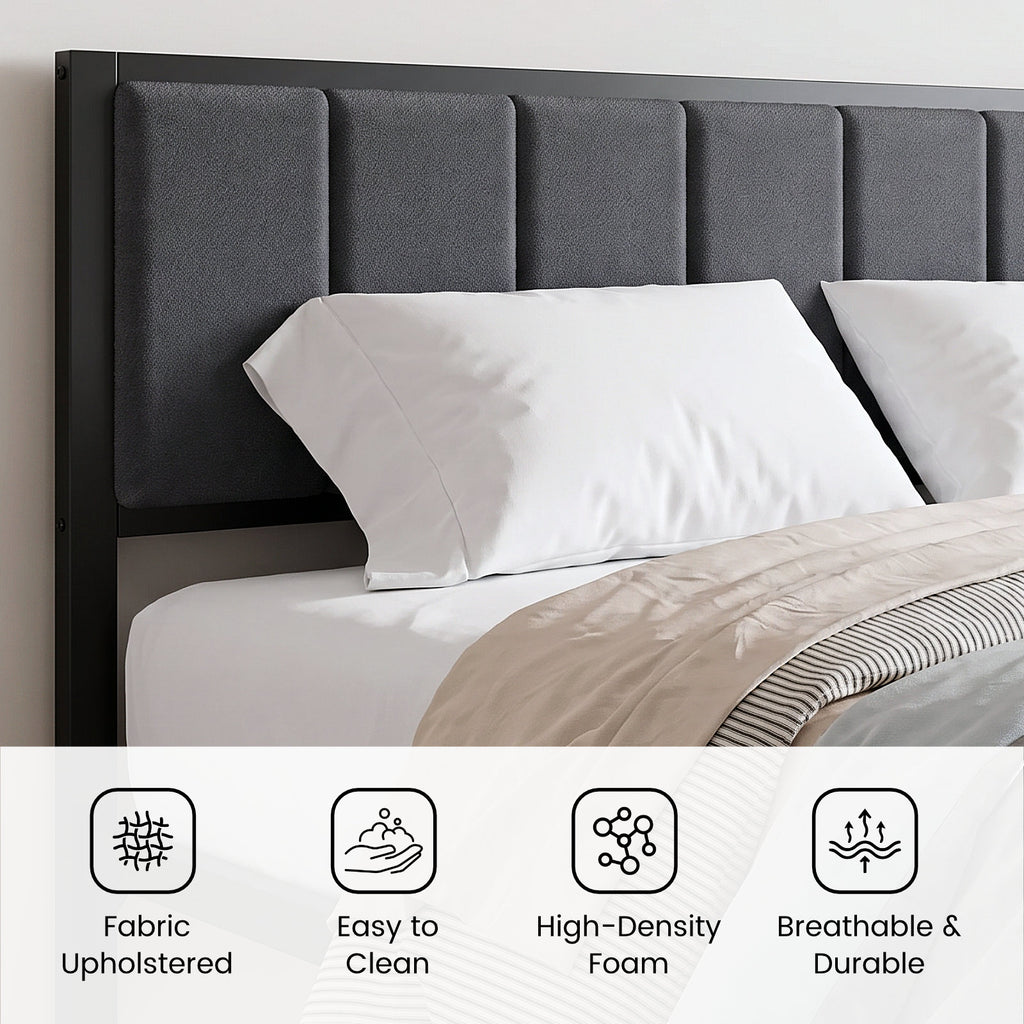 Kbun King Bed Frame with 3 Drawers and Upholstered Headboard, Outlets and LED Lights, Heavy Duty Metal Platform with Storage Space Under Frame, No Box Spring Needed, Noise Free, Gray