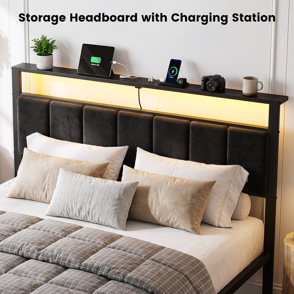 Bexfil Queen Size Bed Frame with Built in Charging Station and LED Light, Metal Platform Bed Frames with 2 Storage Drawers, Noise-Free,Metal Support, No Box Spring Needed, Black