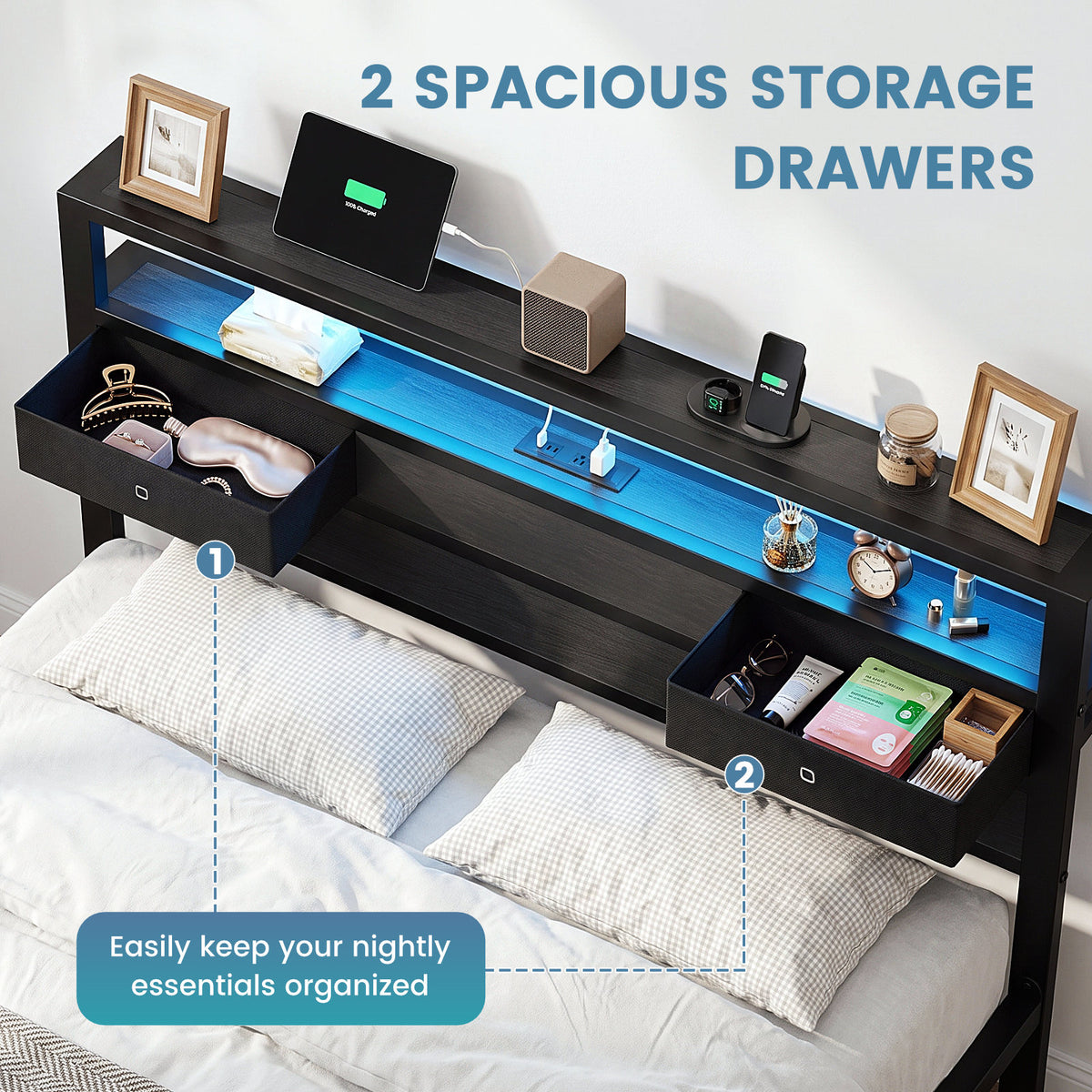 Kbun Full Size Metal Platforrm Bed Frame with LED Lights Headboard, 2 Storage Drawers and Charging Station, No Box Spring Needed, Easy Assembly