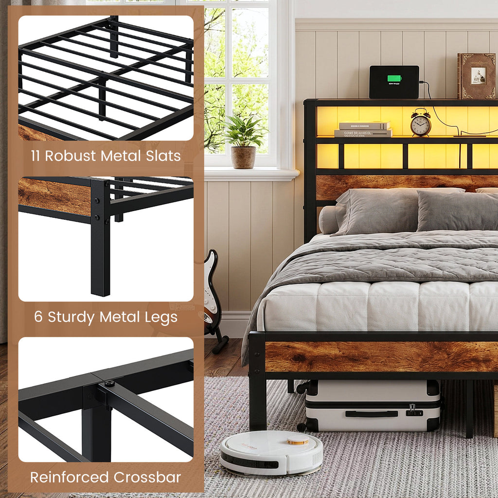 Bexfil Queen Bed Frame with Storage Headboard and LED Light, Metal Platform Bed Station with Charging Station & LED, Noise-Free, No Box Spring Needed