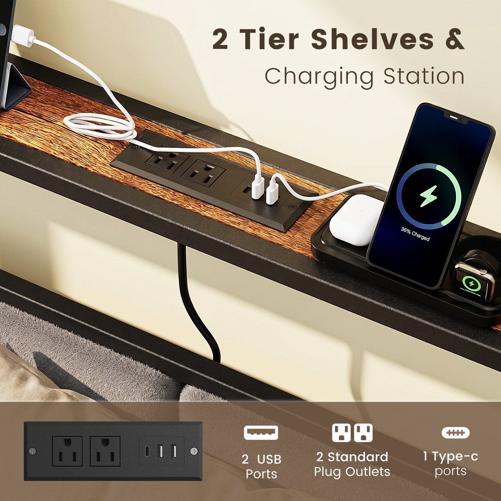Dayago Queen Bed Frame with 2 Storage Drawers, Metal Platform Bed Frame Queen Size Upholstered Headboard with Storage, Fast Charging Station and LED Lights, No Box Spring Needed, Easy Assembly, Brown