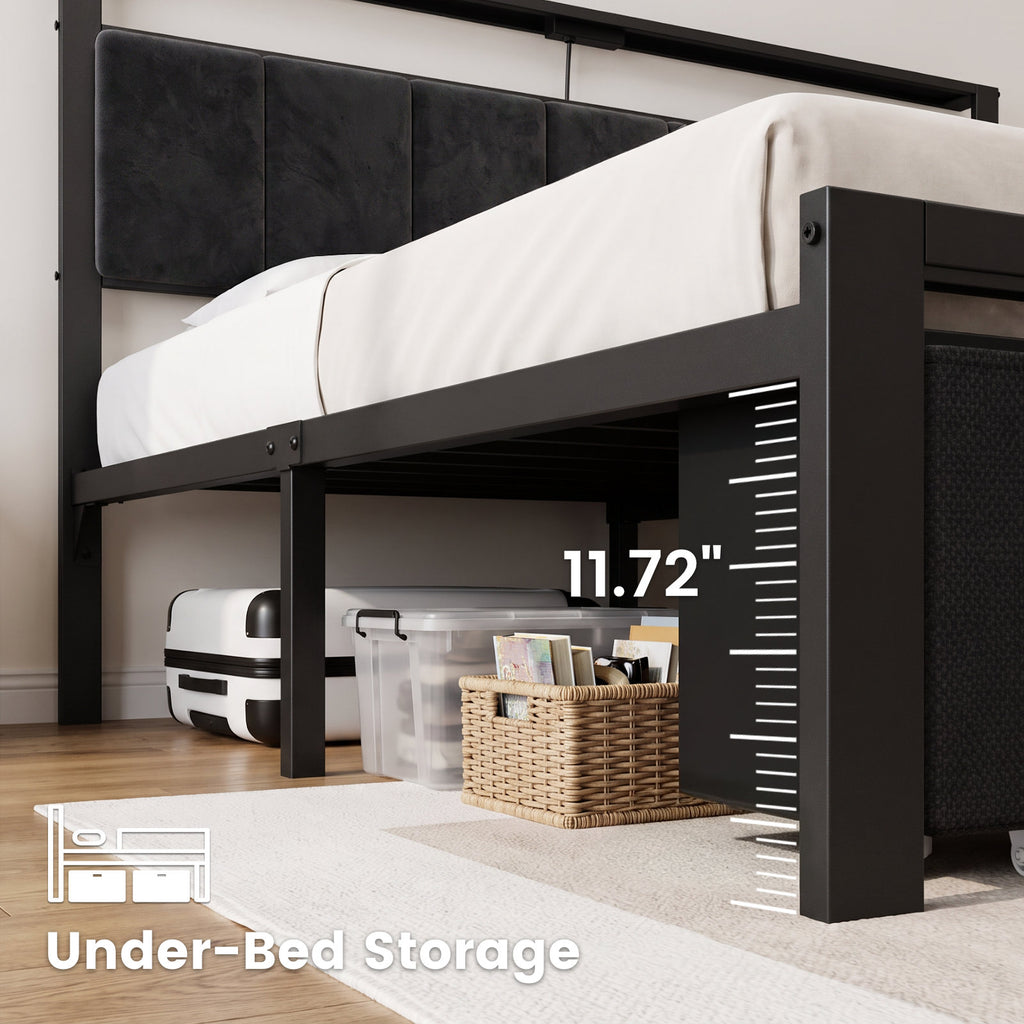 Bexfil Full Size Bed Frame with Built in Charging Station and LED Light, Metal Platform Bed Frames with 2 Storage Drawers, Noise-Free,Metal Support, No Box Spring Needed, Black