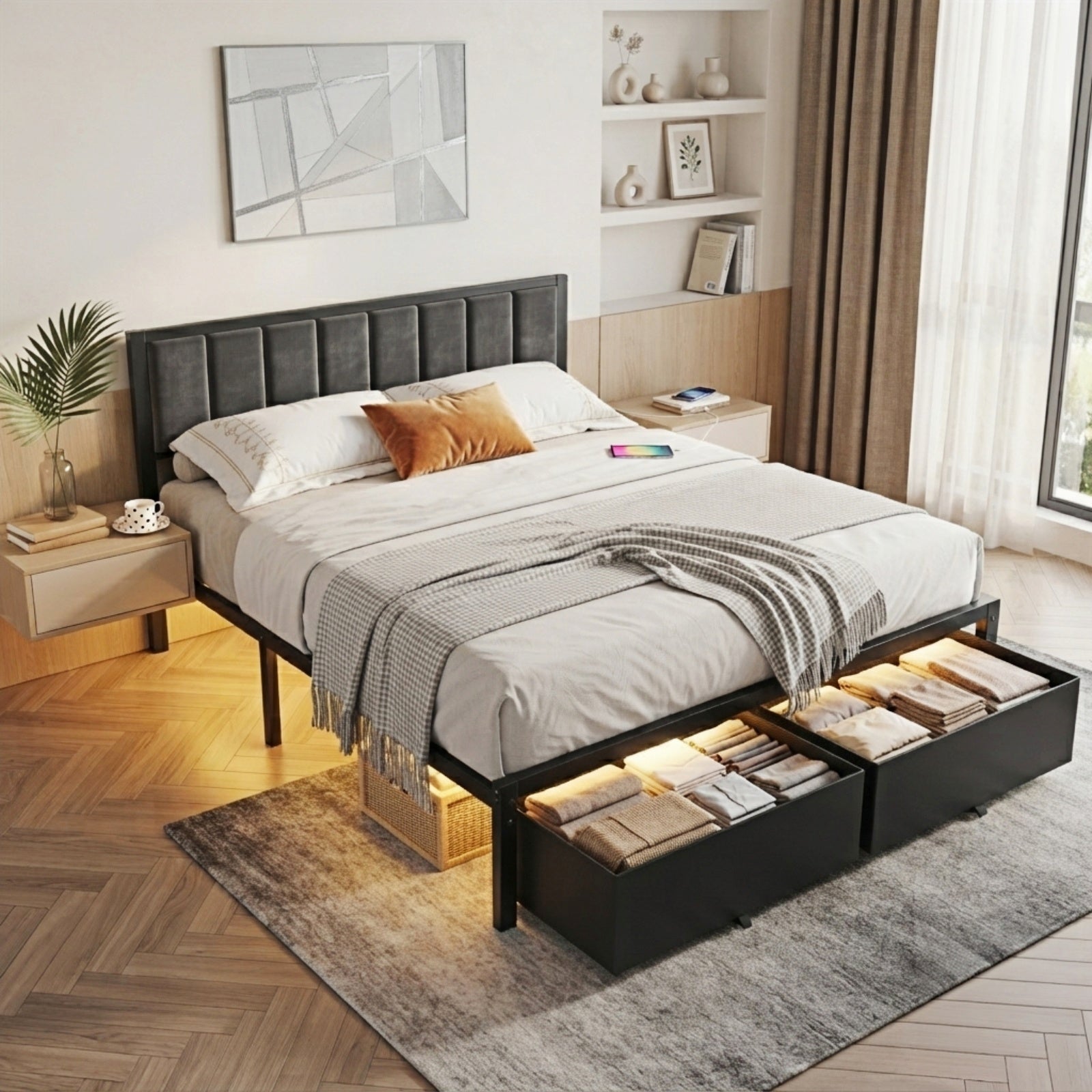 Kbun Full Bed Frame with 2 Drawers and Upholstered Headboard, Outlets and LED Lights, Heavy Duty Metal Platform with Storage Space Under Frame, No Box Spring Needed, Noise Free, Gray