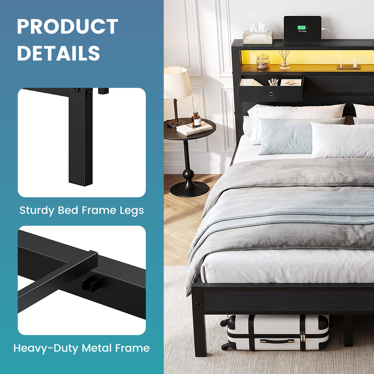 Kbun Full Size Metal Platforrm Bed Frame with LED Lights Headboard, 2 Storage Drawers and Charging Station, No Box Spring Needed, Easy Assembly