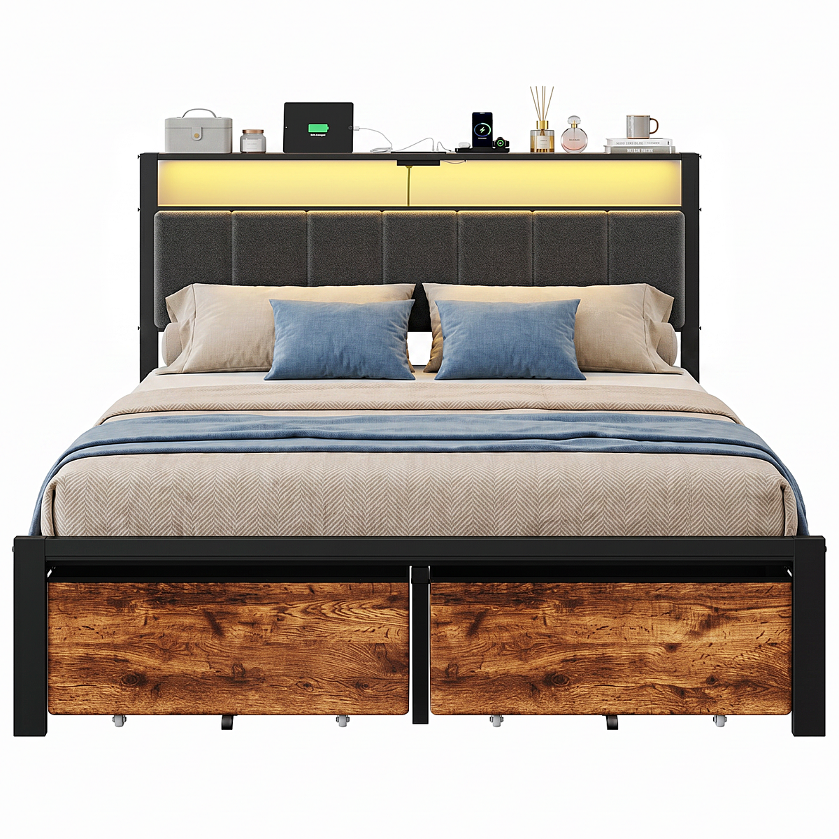 Bexfil Queen Bed Frame with 2 Storage Drawers, Metal Platform Bed Frames with Built in Charging Station & LED, Noise-Free, Metal Support, No Box Spring Needed, Classic Brown