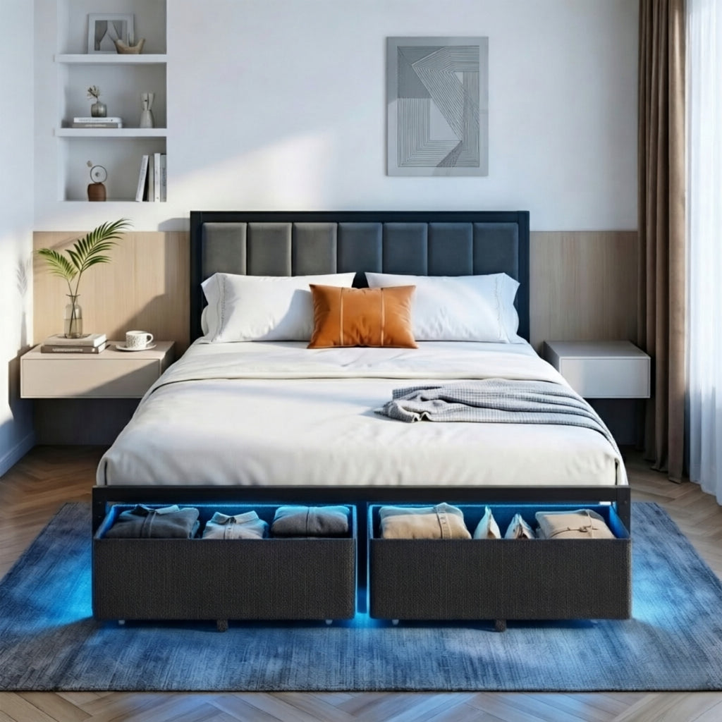 Kbun Full Bed Frame with 2 Drawers and Upholstered Headboard, Outlets and LED Lights, Heavy Duty Metal Platform with Storage Space Under Frame, No Box Spring Needed, Noise Free, Gray
