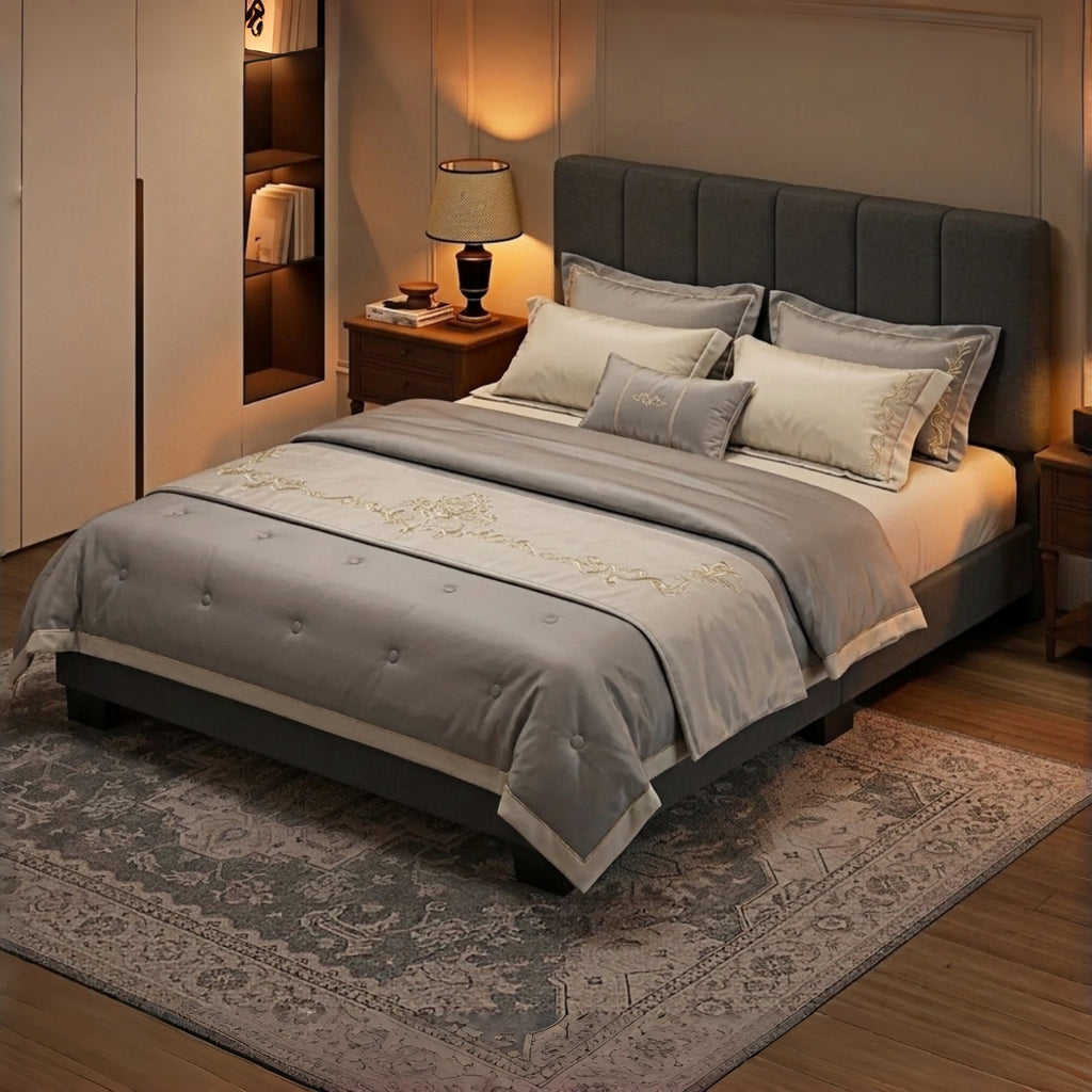 Kbun Queen Size Platform Bed Frame with Fabric Upholstered Headboard, No Box Spring Needed,Wooden Slats Support, Easy Assembly,Grey