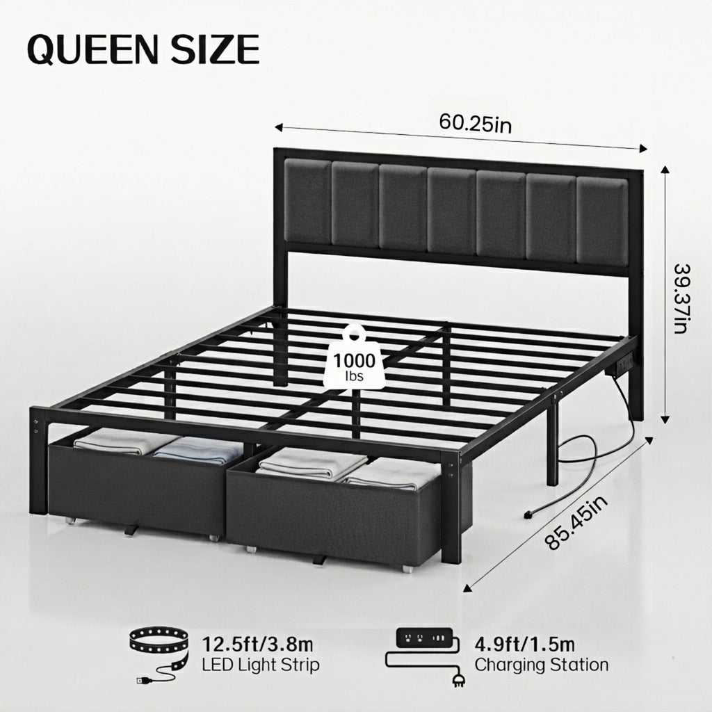 Kbun Full Bed Frame with 2 Drawers and Upholstered Headboard, Outlets and LED Lights, Heavy Duty Metal Platform with Storage Space Under Frame, No Box Spring Needed, Noise Free, Gray