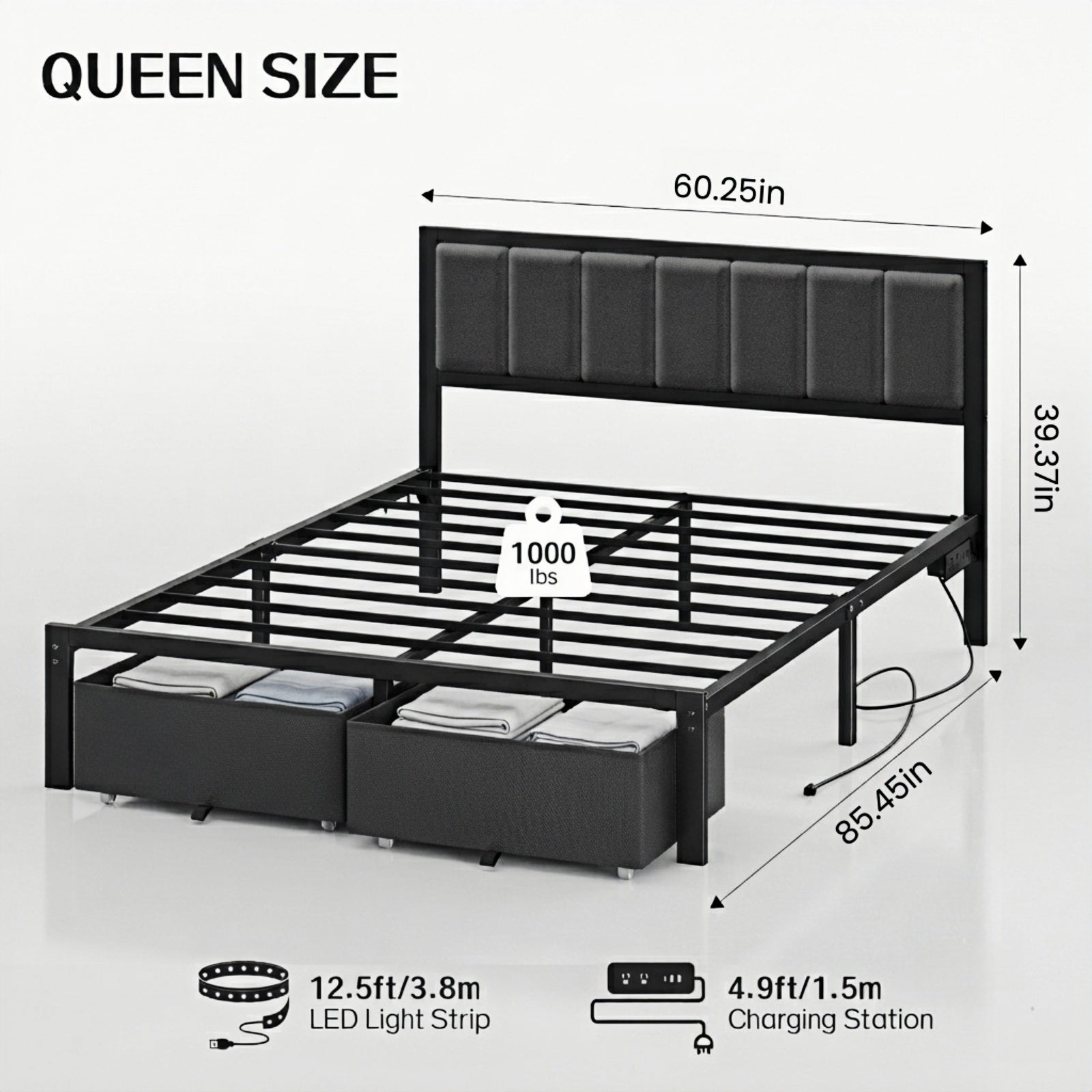 Kbun Full Bed Frame with 2 Drawers and Upholstered Headboard, Outlets and LED Lights, Heavy Duty Metal Platform with Storage Space Under Frame, No Box Spring Needed, Noise Free, Gray
