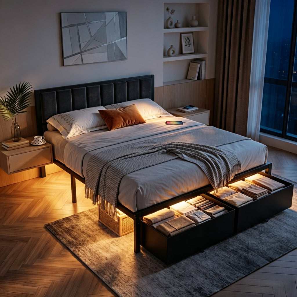 Kbun Full Bed Frame with 2 Drawers and Upholstered Headboard, Outlets and LED Lights, Heavy Duty Metal Platform with Storage Space Under Frame, No Box Spring Needed, Noise Free, Gray