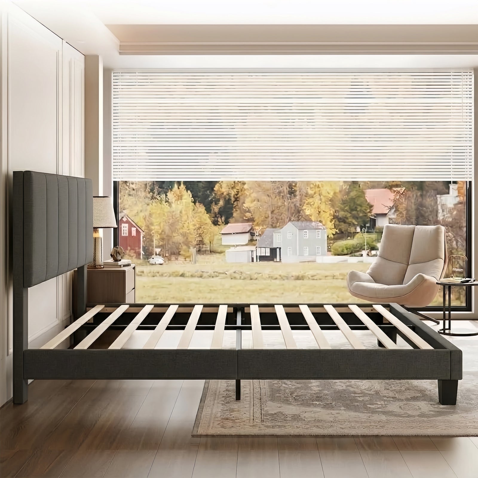Kbun Queen Size Platform Bed Frame with Fabric Upholstered Headboard, No Box Spring Needed,Wooden Slats Support, Easy Assembly,Grey