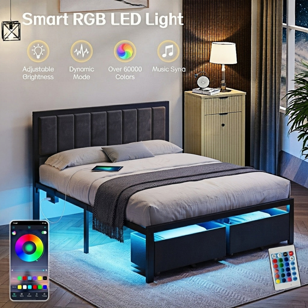 Kbun Full Bed Frame with 2 Drawers and Upholstered Headboard, Outlets and LED Lights, Heavy Duty Metal Platform with Storage Space Under Frame, No Box Spring Needed, Noise Free, Gray