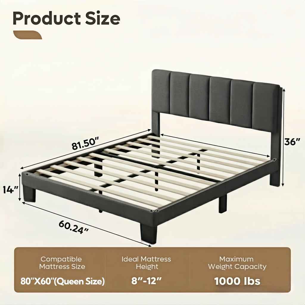 Kbun Queen Size Platform Bed Frame with Fabric Upholstered Headboard, No Box Spring Needed,Wooden Slats Support, Easy Assembly,Grey
