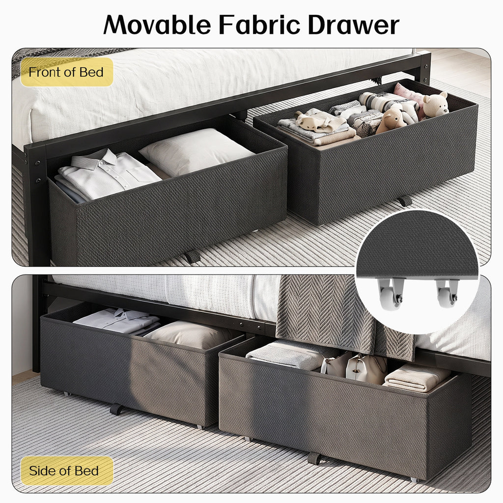 Kbun Full Bed Frame with 2 Drawers and Upholstered Headboard, Outlets and LED Lights, Heavy Duty Metal Platform with Storage Space Under Frame, No Box Spring Needed, Noise Free, Gray