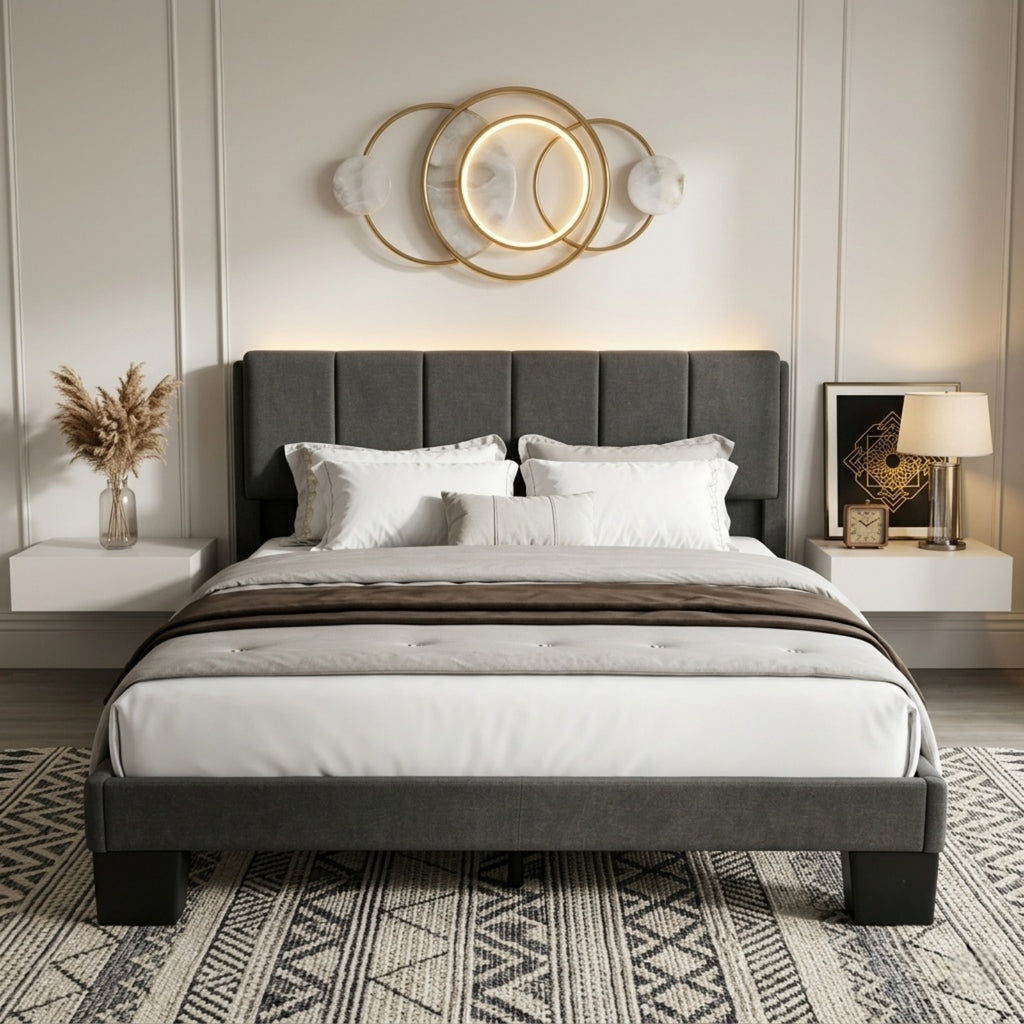 Kbun Queen Size Platform Bed Frame with Fabric Upholstered Headboard, No Box Spring Needed,Wooden Slats Support, Easy Assembly,Grey