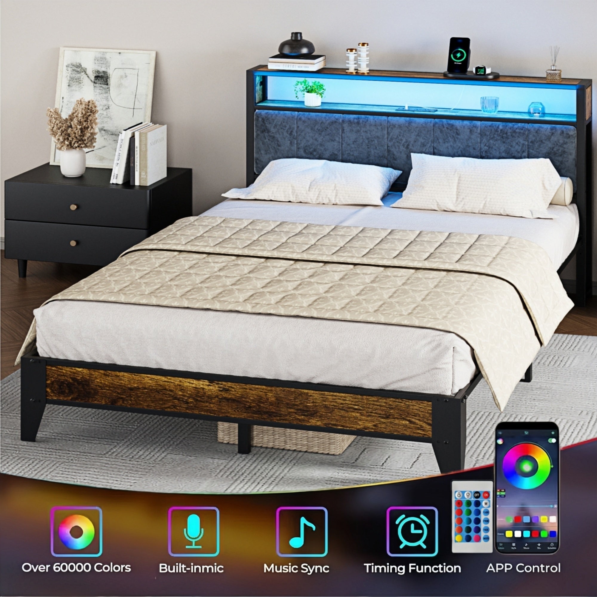 Kbun Queen Bed Frames,Industrial Metal Platform Bed Frame,Heavy Duty Steel Slats Support Up to 1100 lbs,Upholstered Headboardand 9 Thickened Legs,No Box Spring Needed, Noise-Free,Brown