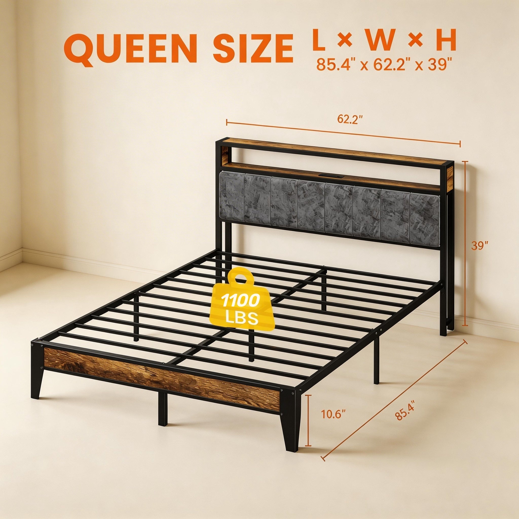 Kbun Queen Bed Frames,Industrial Metal Platform Bed Frame,Heavy Duty Steel Slats Support Up to 1100 lbs,Upholstered Headboardand 9 Thickened Legs,No Box Spring Needed, Noise-Free,Brown