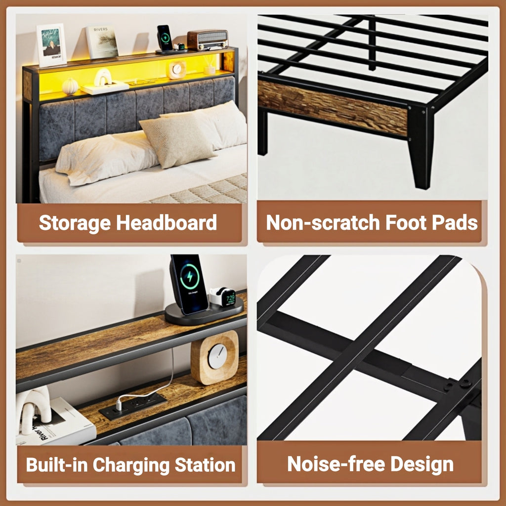 Kbun Queen Bed Frames,Industrial Metal Platform Bed Frame,Heavy Duty Steel Slats Support Up to 1100 lbs,Upholstered Headboardand 9 Thickened Legs,No Box Spring Needed, Noise-Free,Brown
