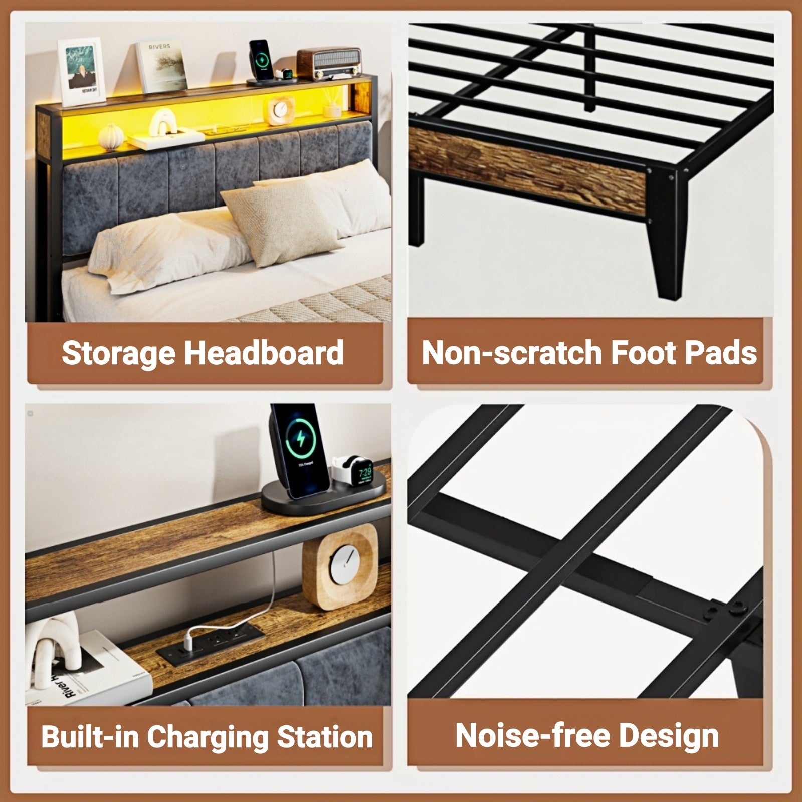 Kbun Queen Bed Frames,Industrial Metal Platform Bed Frame,Heavy Duty Steel Slats Support Up to 1100 lbs,Upholstered Headboardand 9 Thickened Legs,No Box Spring Needed, Noise-Free,Brown