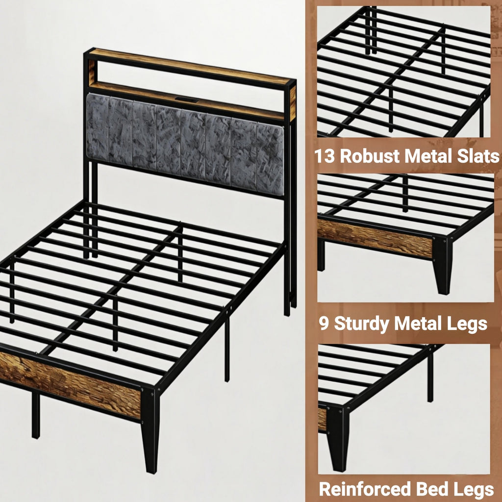 Kbun Queen Bed Frames,Industrial Metal Platform Bed Frame,Heavy Duty Steel Slats Support Up to 1100 lbs,Upholstered Headboardand 9 Thickened Legs,No Box Spring Needed, Noise-Free,Brown