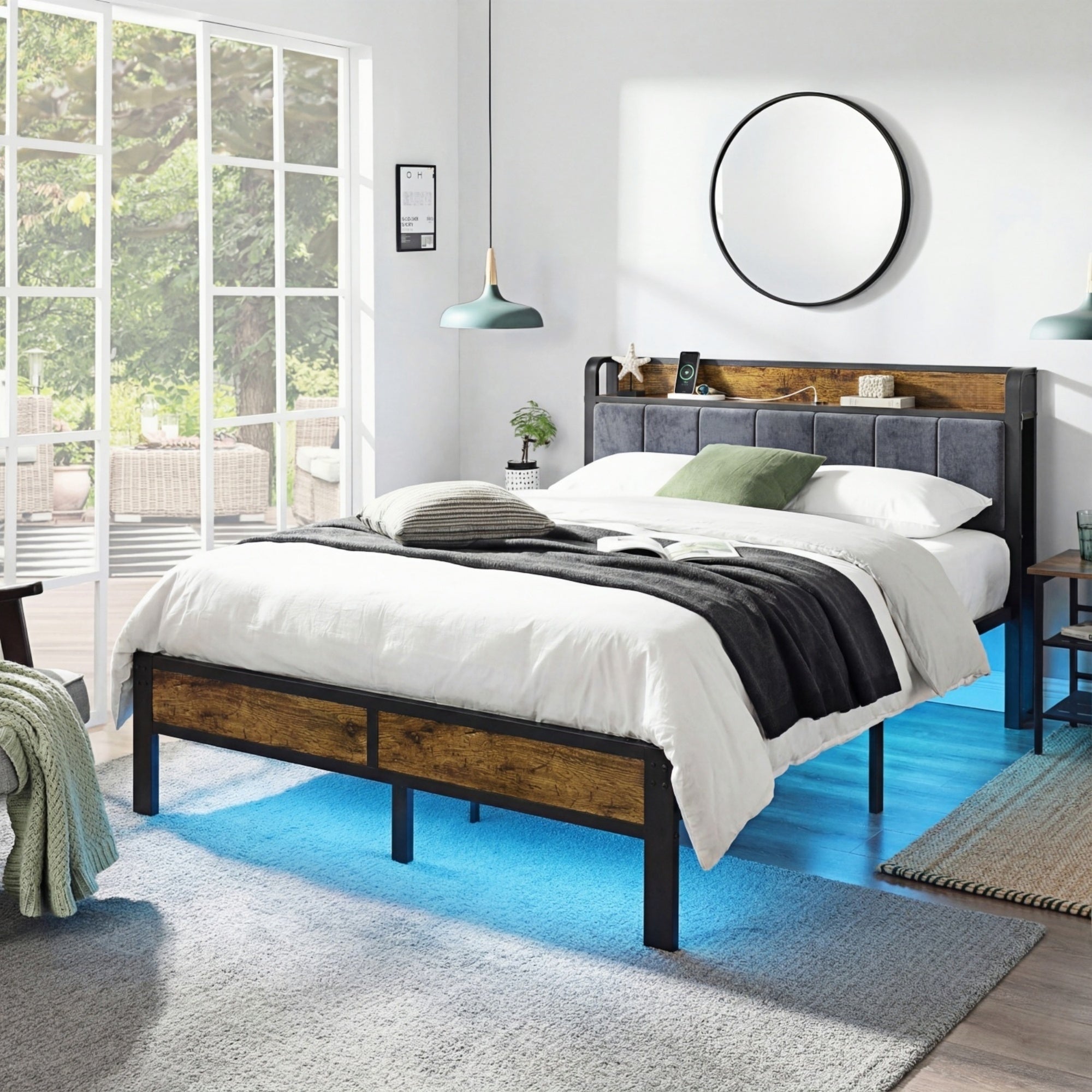 Dayago Full Size Platform Bed Frame with Headboard, USB Charging Station and LED Light, Under Bed Storage, No Box Spring Needed, Noise-Free