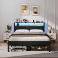 Kbun Queen Size Platform Bed Frame with Upholstered Headboard, Metal Bed Frame with LED Light, Heavy Duty Steel Slat Supported Queen Bed Frames, No Box Spring Needed, Black