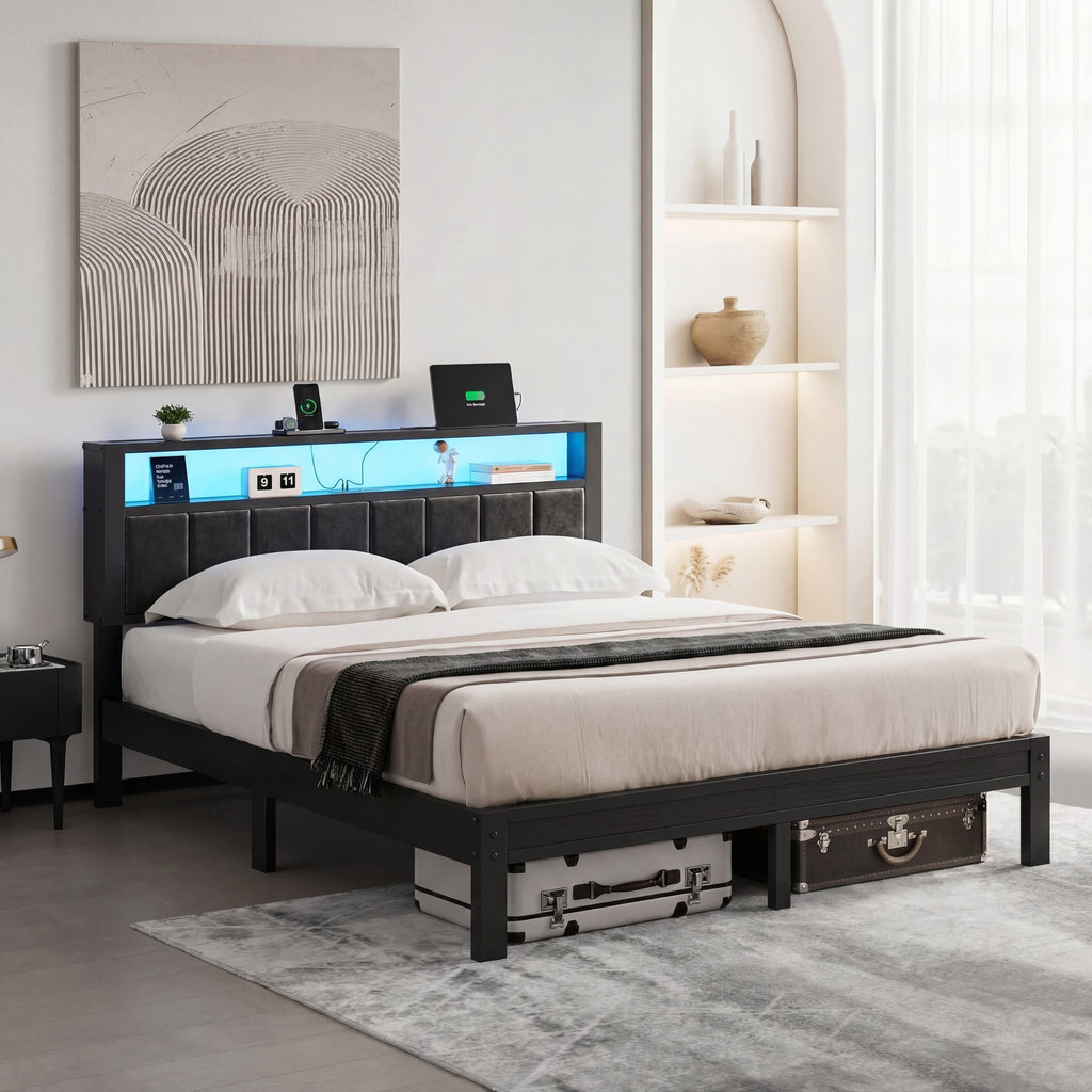 Kbun Queen Size Platform Bed Frame with Upholstered Headboard, Metal Bed Frame with LED Light, Heavy Duty Steel Slat Supported Queen Bed Frames, No Box Spring Needed, Black