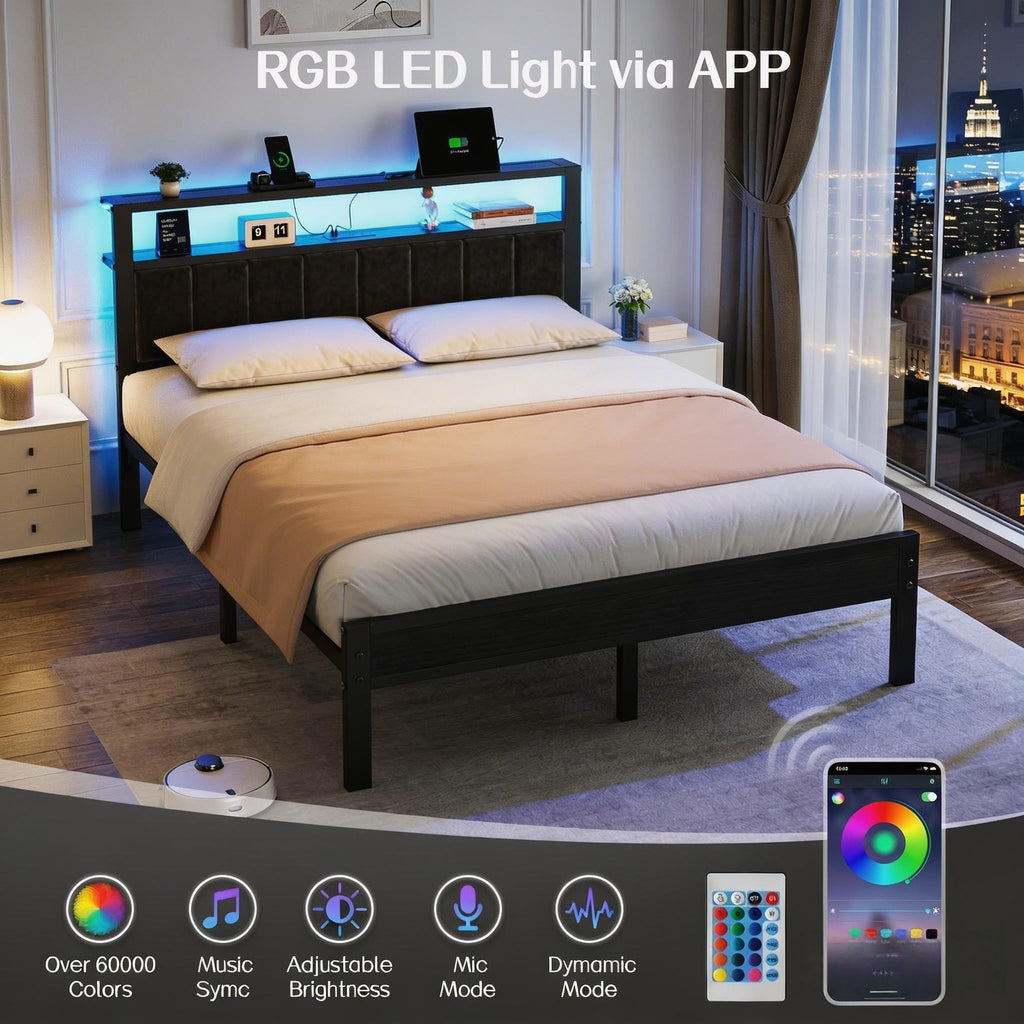 Kbun Queen Size Platform Bed Frame with Upholstered Headboard, Metal Bed Frame with LED Light, Heavy Duty Steel Slat Supported Queen Bed Frames, No Box Spring Needed, Black