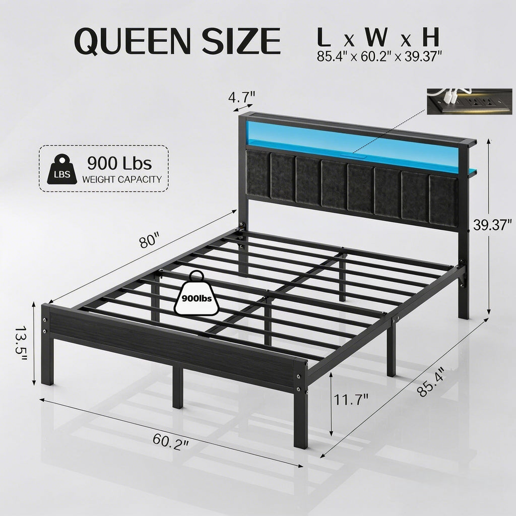 Kbun Queen Size Platform Bed Frame with Upholstered Headboard, Metal Bed Frame with LED Light, Heavy Duty Steel Slat Supported Queen Bed Frames, No Box Spring Needed, Black