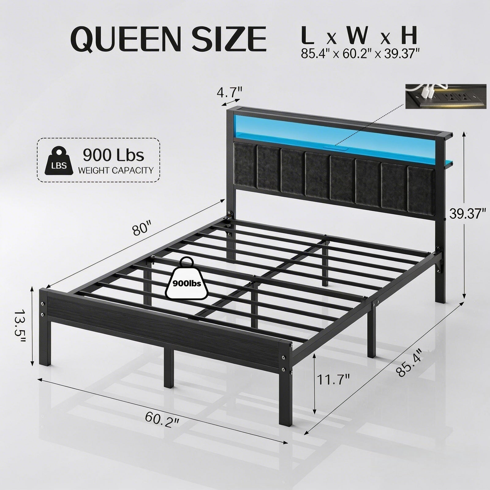 Kbun Queen Size Platform Bed Frame with Upholstered Headboard, Metal Bed Frame with LED Light, Heavy Duty Steel Slat Supported Queen Bed Frames, No Box Spring Needed, Black