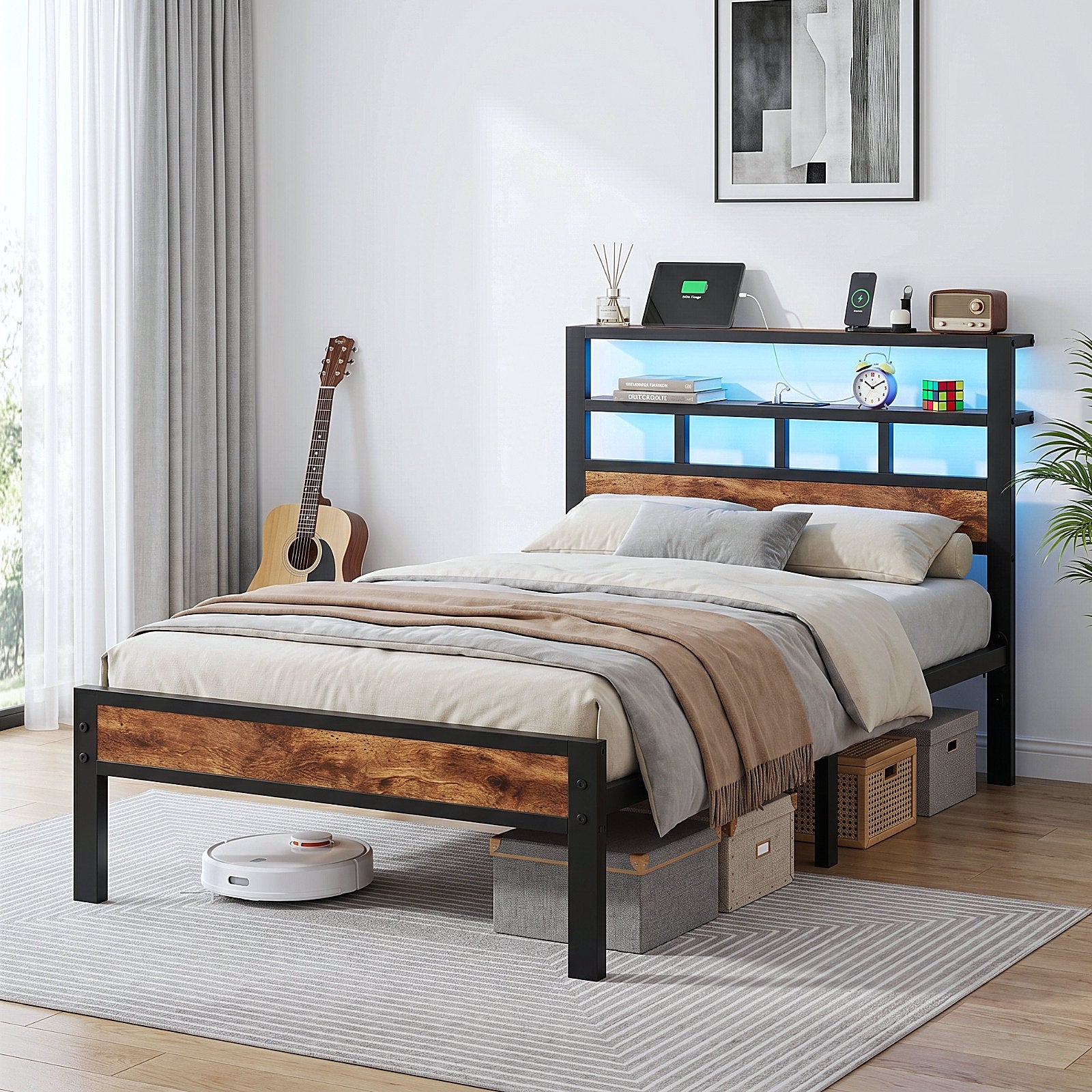 Bexfil Twin Bed Frame with Storage Headboard and LED Light, Metal Platform Bed Station with Charging Station & LED, Noise-Free, No Box Spring Needed