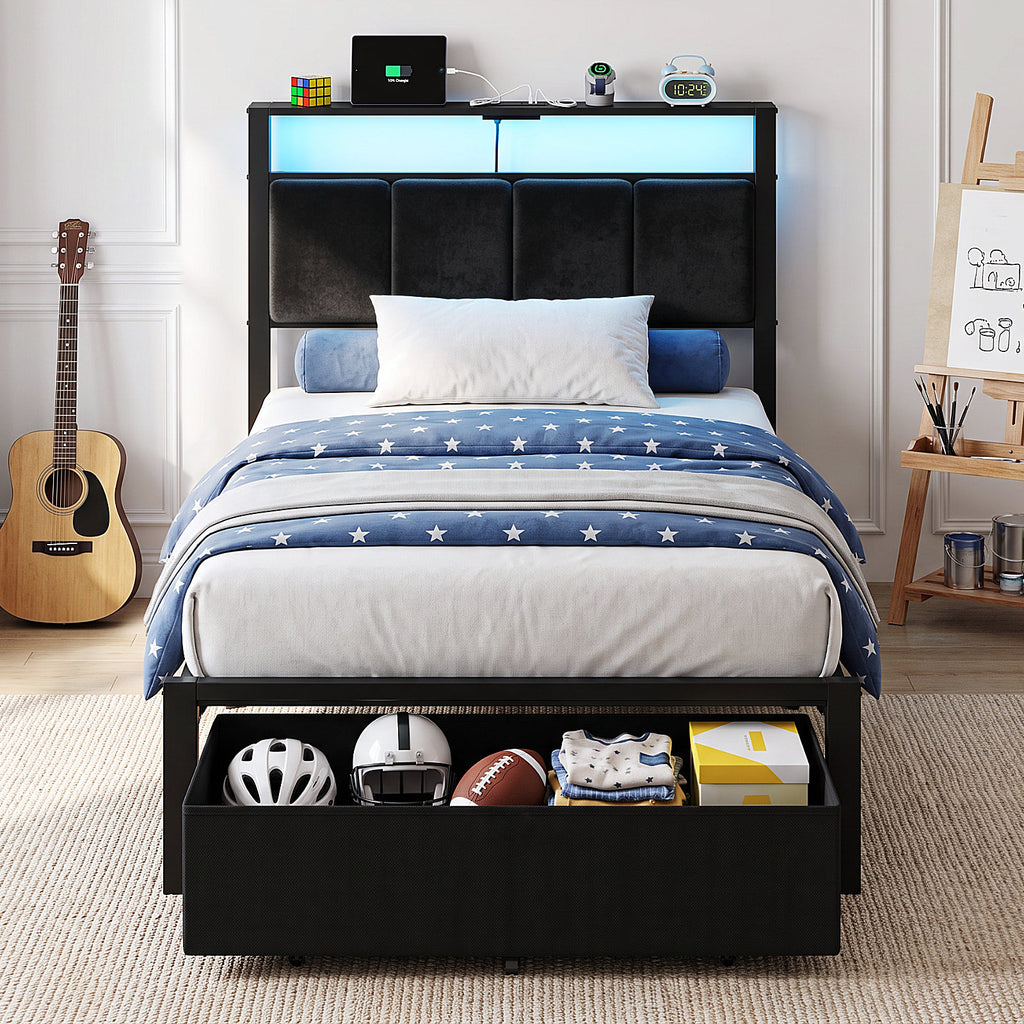 Bexfil Twin Size Bed Frame with Built in Charging Station and LED Light, Metal Platform Bed Frames with Storage Drawer, Noise-Free,Metal Support, No Box Spring Needed, Black