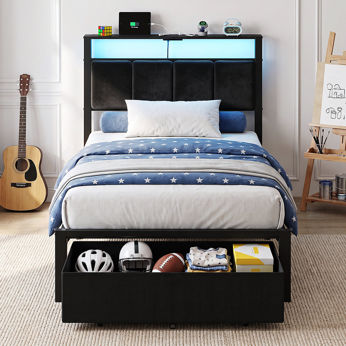 Bexfil Twin Size Bed Frame with Built in Charging Station and LED Light, Metal Platform Bed Frames with Storage Drawer, Noise-Free,Metal Support, No Box Spring Needed, Black
