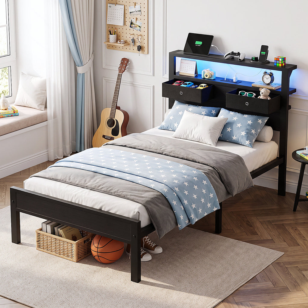 Kbun Twin Size Platforrm Bed Frame with LED Lights Headboard, 2 Storage Drawers and Charging Station, No Box Spring Needed, Easy Assembly