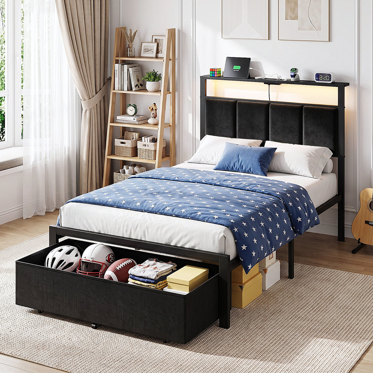 Bexfil Twin Size Bed Frame with Built in Charging Station and LED Light, Metal Platform Bed Frames with Storage Drawer, Noise-Free,Metal Support, No Box Spring Needed, Black
