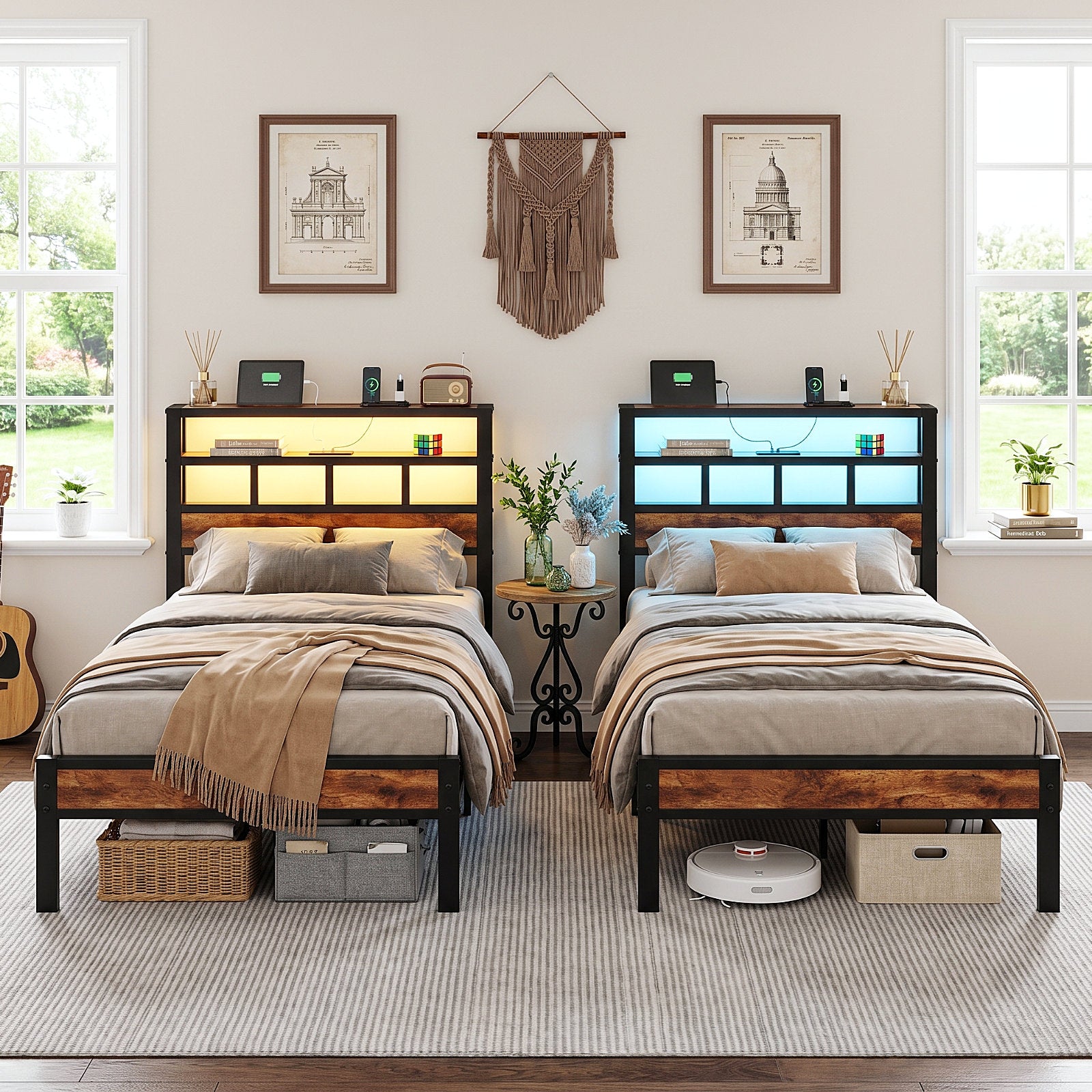 Bexfil Twin Bed Frame with Storage Headboard and LED Light, Metal Platform Bed Station with Charging Station & LED, Noise-Free, No Box Spring Needed