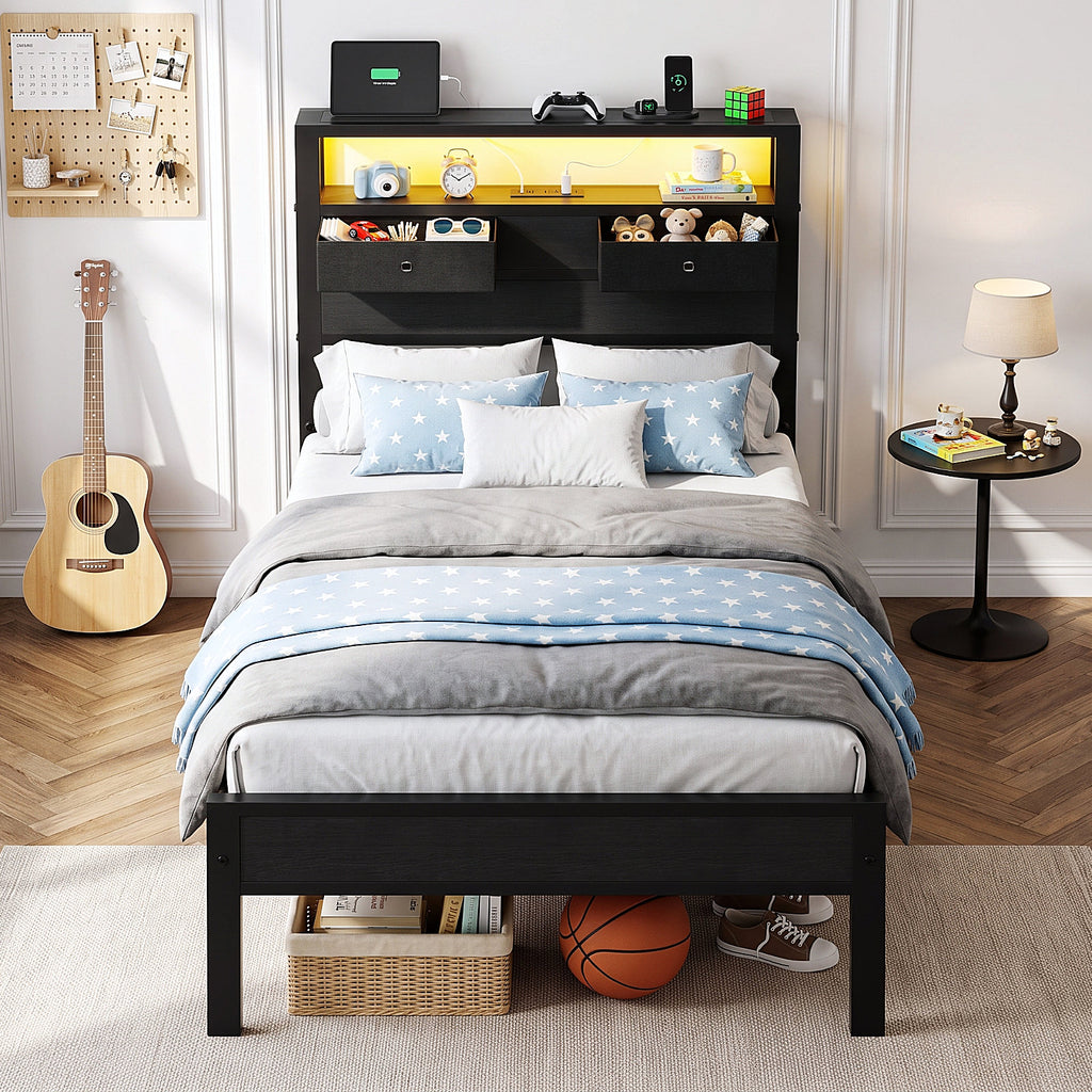 Kbun Twin Size Platforrm Bed Frame with LED Lights Headboard, 2 Storage Drawers and Charging Station, No Box Spring Needed, Easy Assembly
