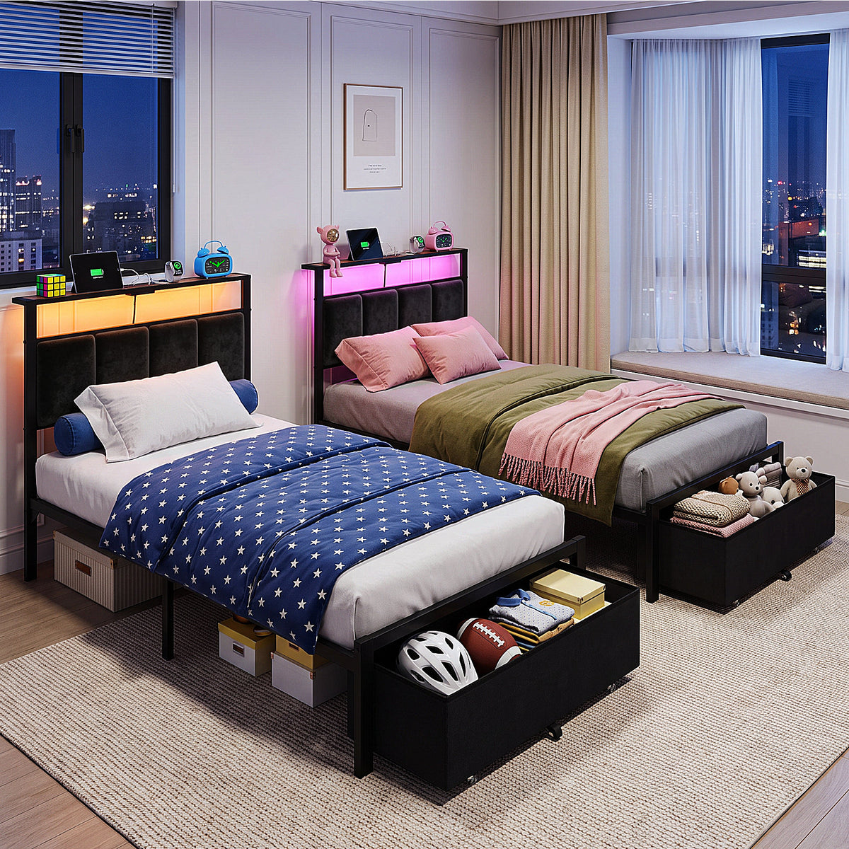 Bexfil Twin Size Bed Frame with Built in Charging Station and LED Light, Metal Platform Bed Frames with Storage Drawer, Noise-Free,Metal Support, No Box Spring Needed, Black