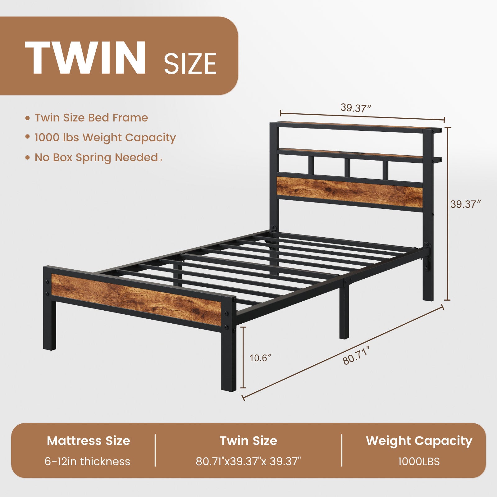 Bexfil Twin Bed Frame with Storage Headboard and LED Light, Metal Platform Bed Station with Charging Station & LED, Noise-Free, No Box Spring Needed