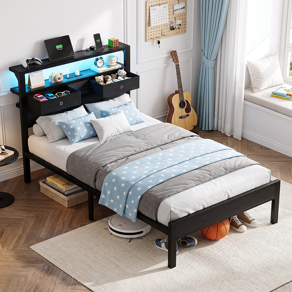 Kbun Twin Size Platforrm Bed Frame with LED Lights Headboard, 2 Storage Drawers and Charging Station, No Box Spring Needed, Easy Assembly