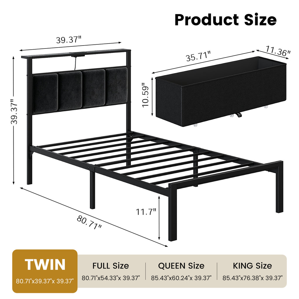 Bexfil Twin Size Bed Frame with Built in Charging Station and LED Light, Metal Platform Bed Frames with Storage Drawer, Noise-Free,Metal Support, No Box Spring Needed, Black