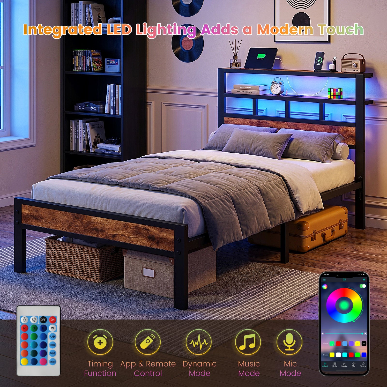 Bexfil Twin Bed Frame with Storage Headboard and LED Light, Metal Platform Bed Station with Charging Station & LED, Noise-Free, No Box Spring Needed