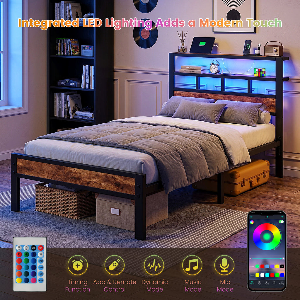 Kbun Twin Size LED Metal Bed Frame with 2-Tier Storage Headboard and Charging Station,No Box Spring Needed, Easy Assembly, Brown