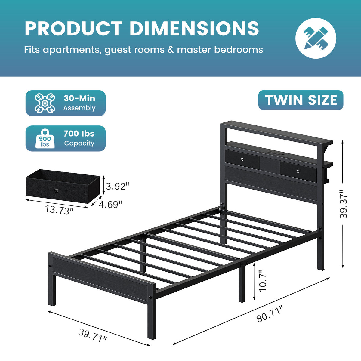 Kbun Twin Size Platforrm Bed Frame with LED Lights Headboard, 2 Storage Drawers and Charging Station, No Box Spring Needed, Easy Assembly