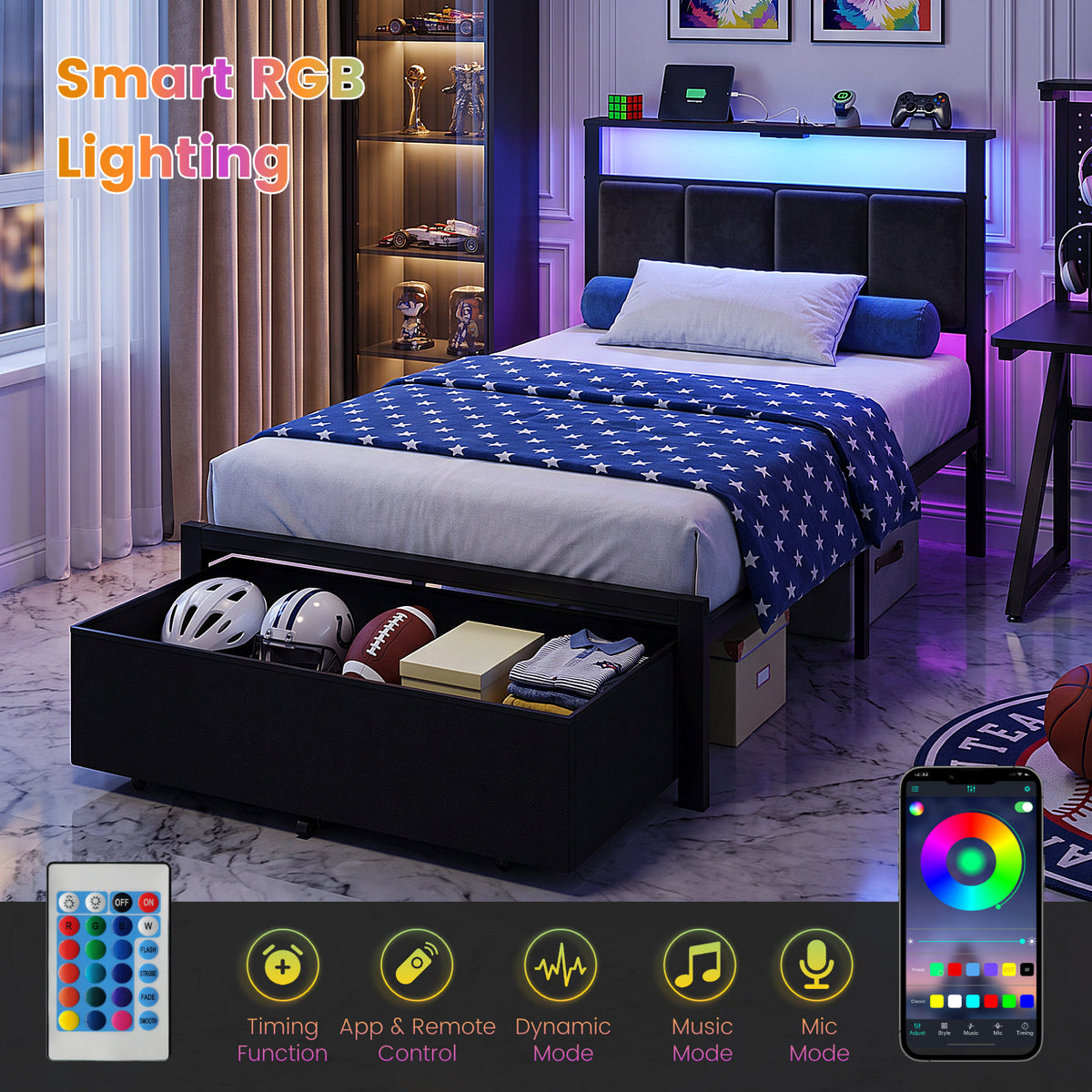 Bexfil Twin Size Bed Frame with Built in Charging Station and LED Light, Metal Platform Bed Frames with Storage Drawer, Noise-Free,Metal Support, No Box Spring Needed, Black