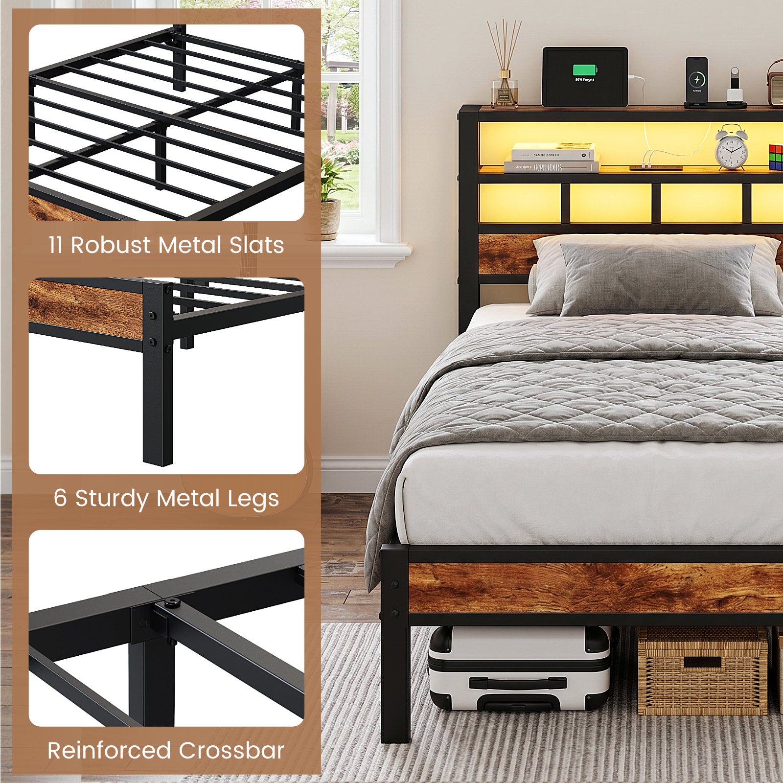 Bexfil Twin Bed Frame with Storage Headboard and LED Light, Metal Platform Bed Station with Charging Station & LED, Noise-Free, No Box Spring Needed