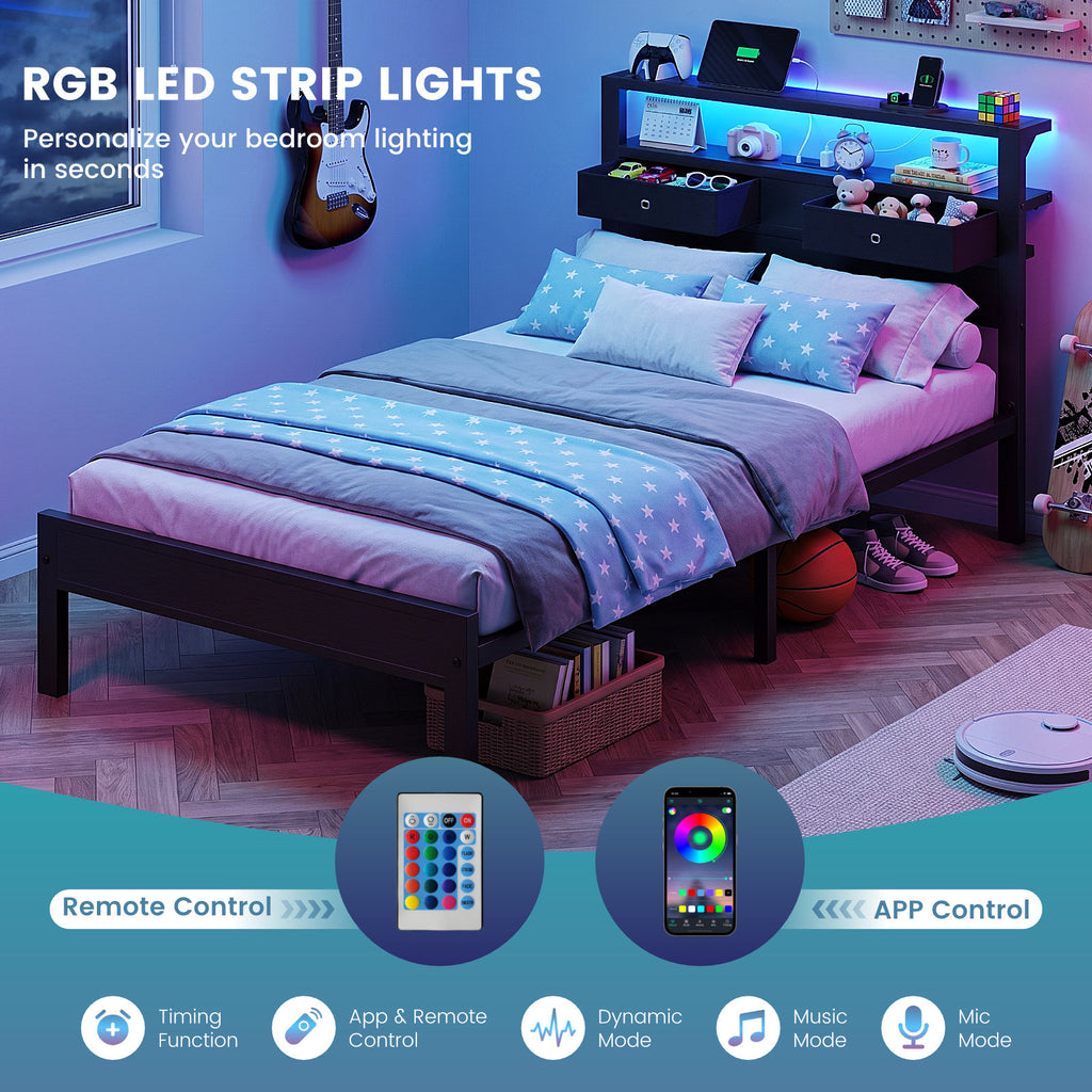 Kbun Twin Size Platforrm Bed Frame with LED Lights Headboard, 2 Storage Drawers and Charging Station, No Box Spring Needed, Easy Assembly