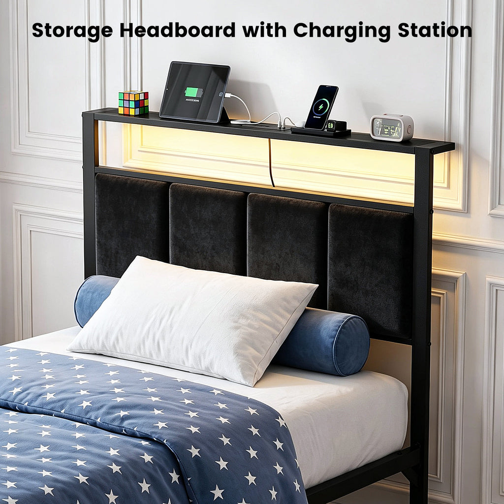 Bexfil Twin Size Bed Frame with Built in Charging Station and LED Light, Metal Platform Bed Frames with Storage Drawer, Noise-Free,Metal Support, No Box Spring Needed, Black